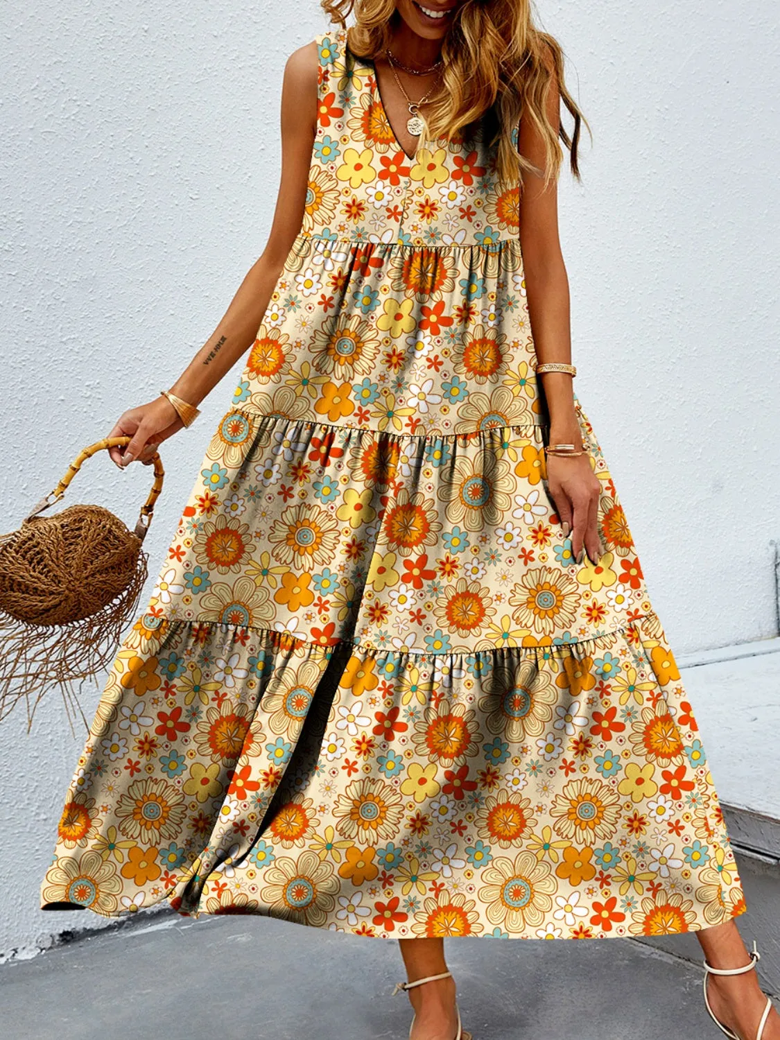Selah Tiered Printed V-Neck Sleeveless Dress