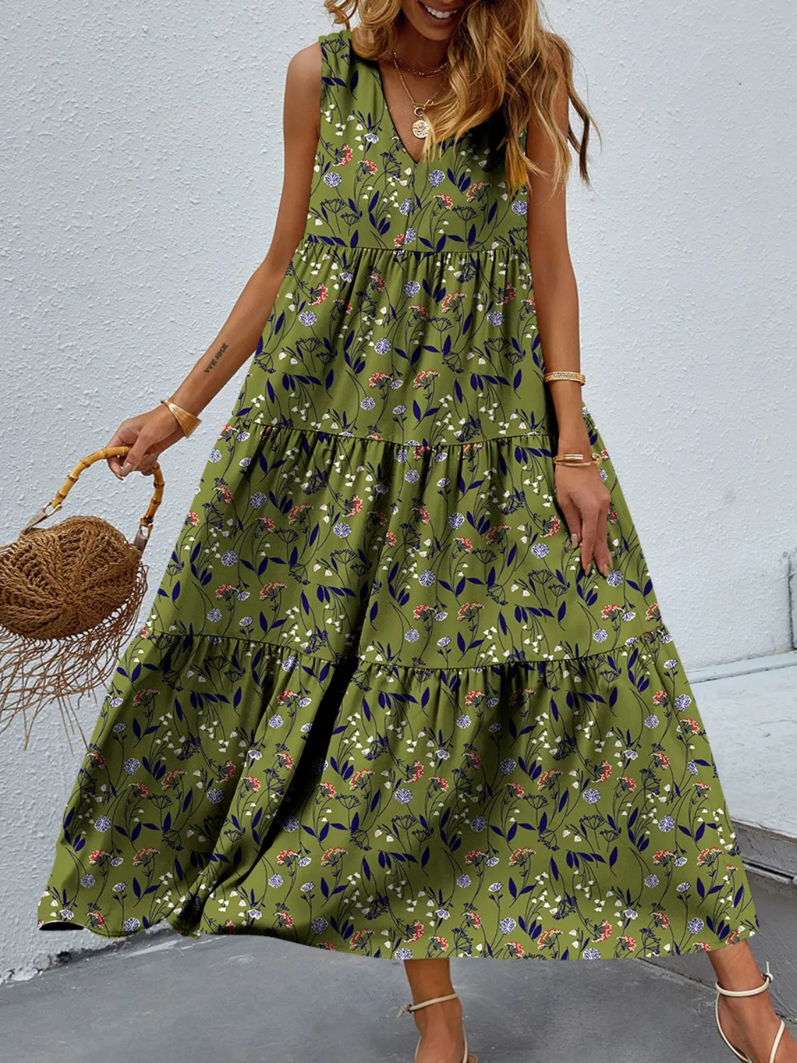 Selah Tiered Printed V-Neck Sleeveless Dress