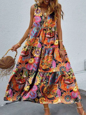 Selah Tiered Printed V-Neck Sleeveless Dress