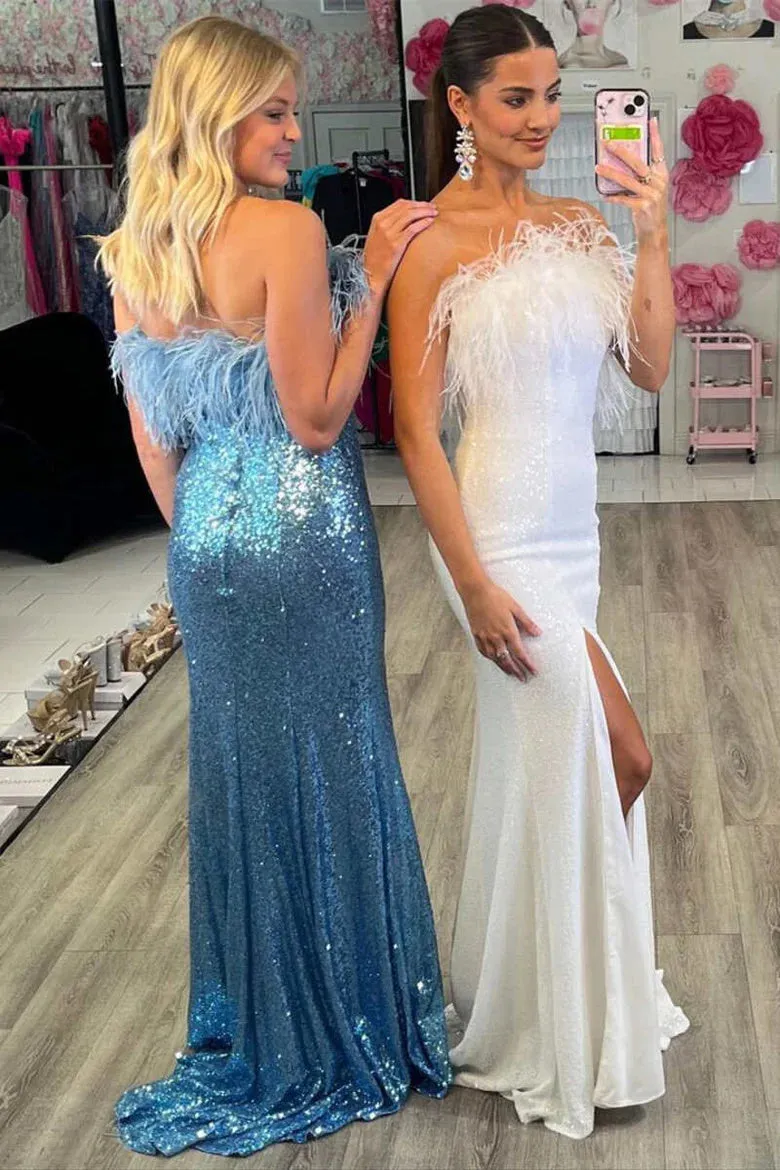 Sequin Feather Strapless Long Formal Evening Gown with Slit Prom Dress OK1892