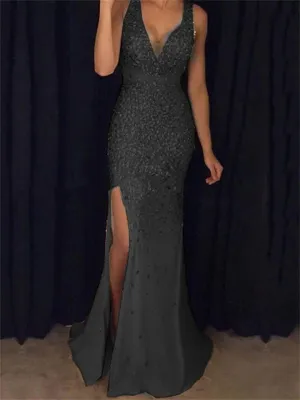 Sexy Deep V Neck Side Slit Evening Dress for Lady