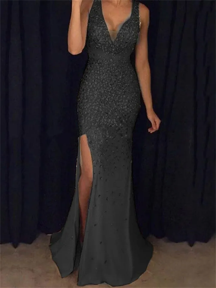 Sexy Deep V Neck Side Slit Evening Dress for Lady