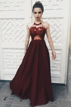 Sexy Halter Dark Burgundy Long Sleeveless Prom Dress with Appliques OK733