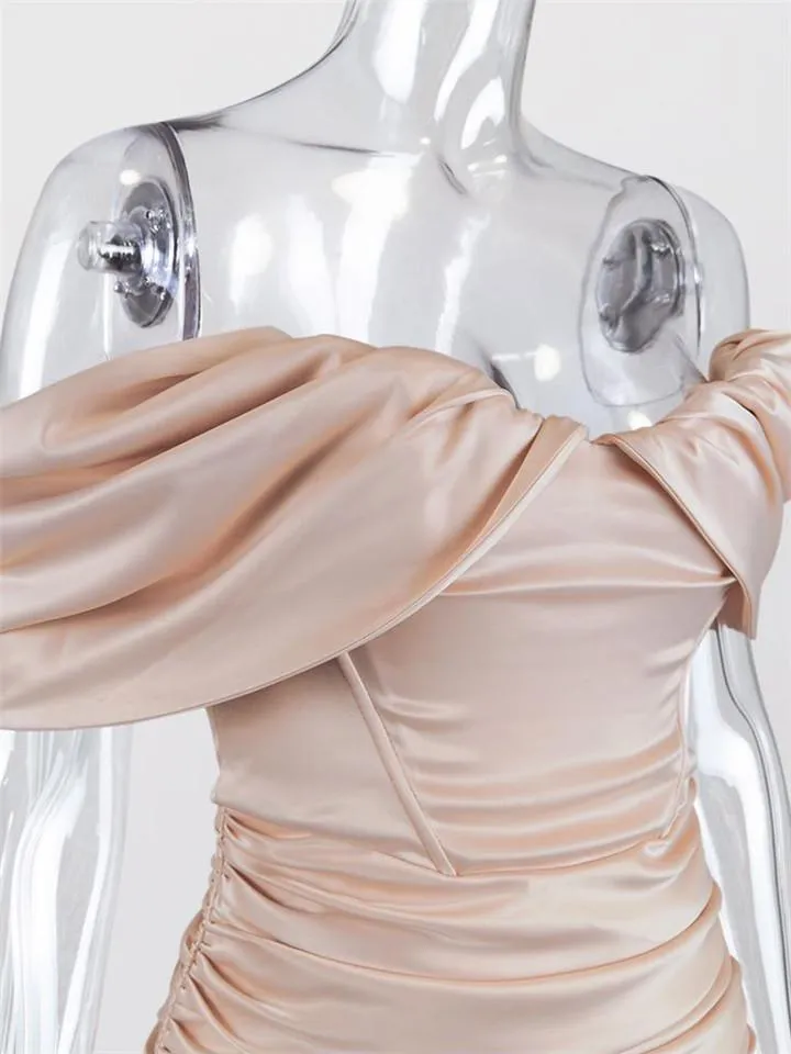Sexy Satin Off Shoulder Strapless Bodice Fold Dress For Party