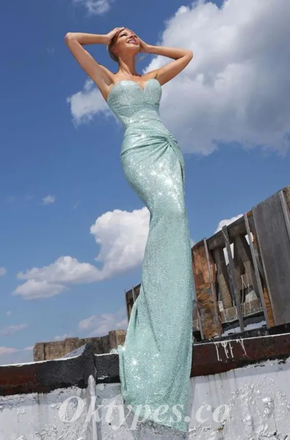 Sexy Shiny Sequin Sweetheart V-Neck Sleeveless Side Slit Mermaid Long Prom Dresses,PDS0723