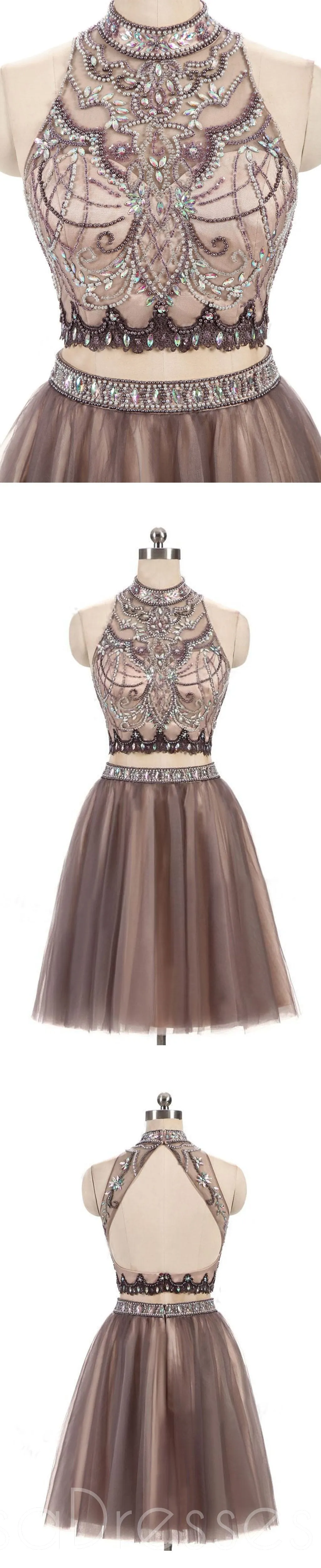 Sexy Two Pieces Beaded Brown Tulle Short Homecoming Prom Dresses, Affordable Short Party Prom Sweet 16 Dresses, Perfect Homecoming Cocktail Dresses, CM367