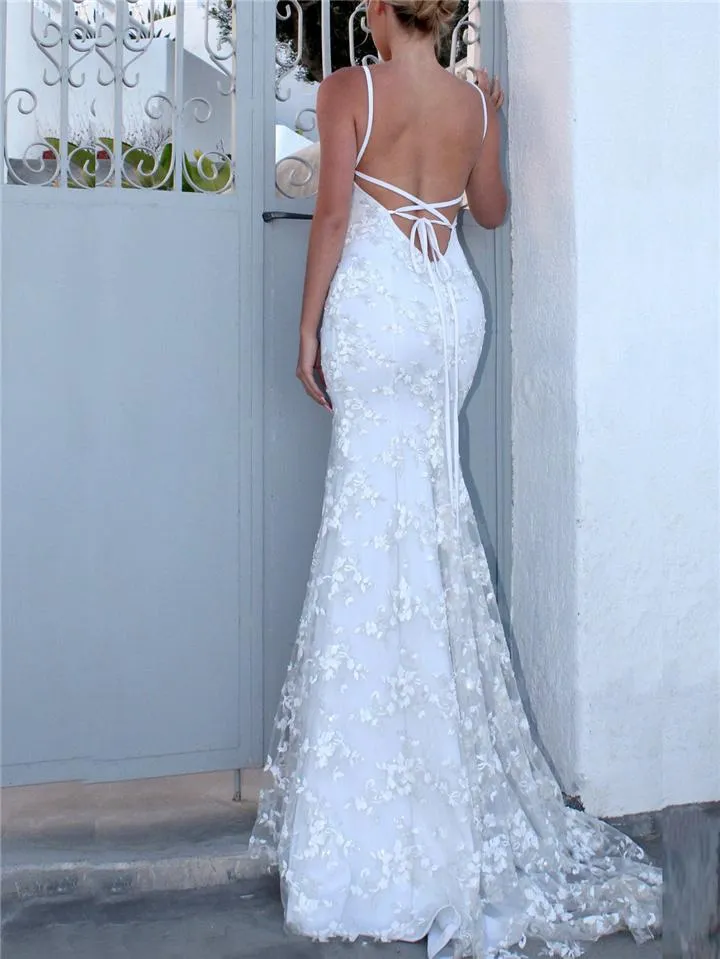 Sexy V Neck Applique Backless Maxi Dress for Wedding