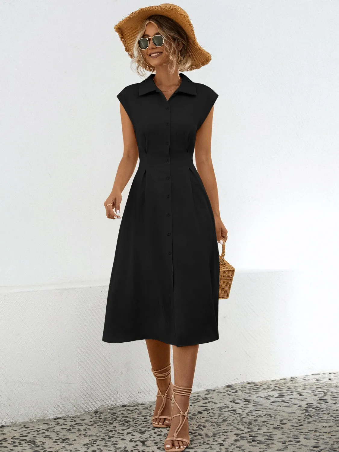 Shannon Button Up Cap Sleeve Midi Dress