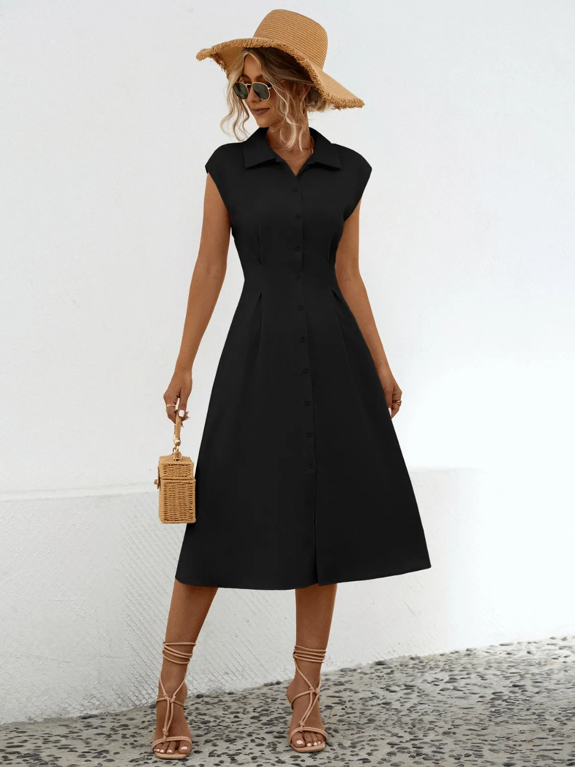 Shannon Button Up Cap Sleeve Midi Dress