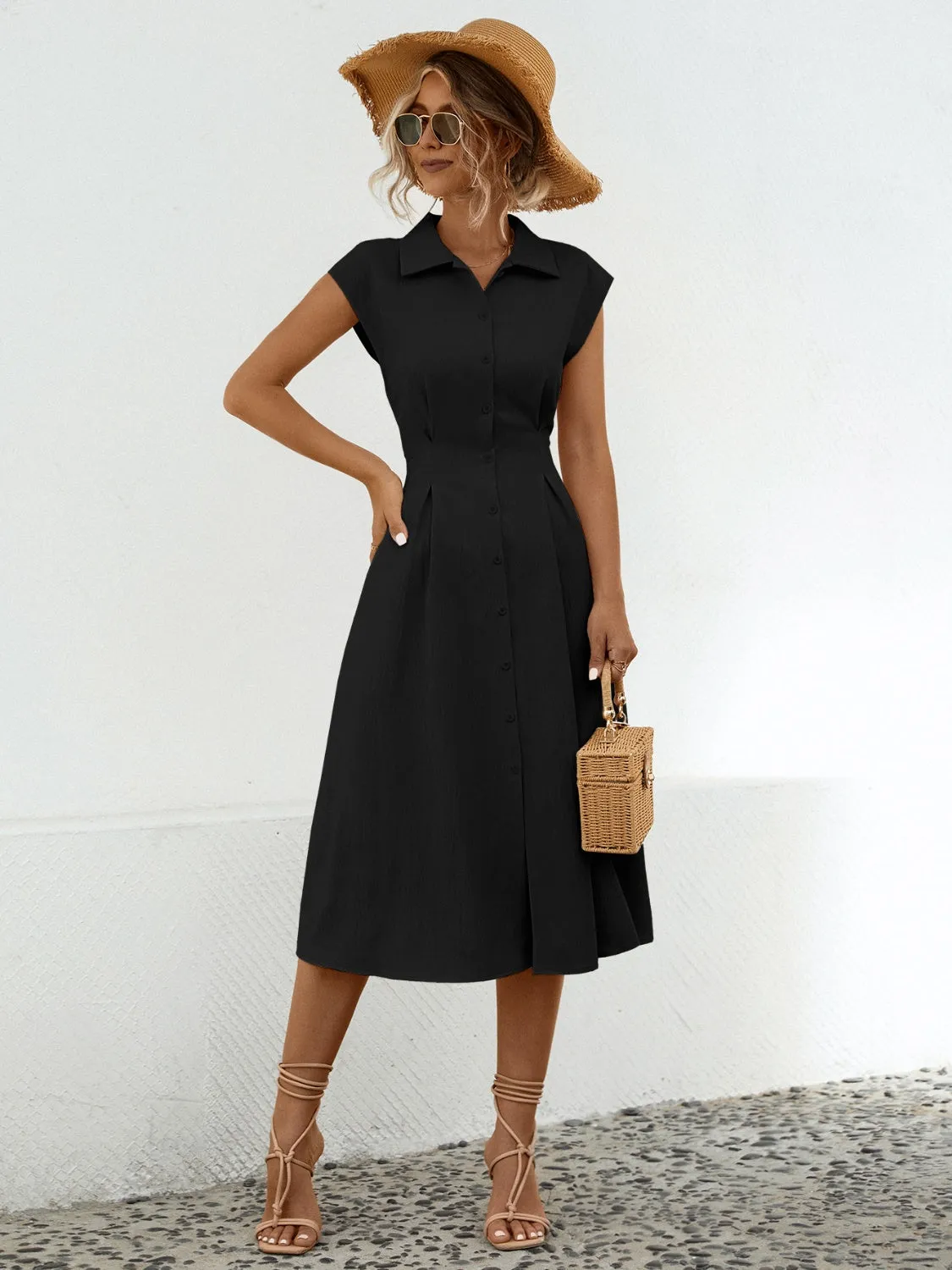 Shannon Button Up Cap Sleeve Midi Dress