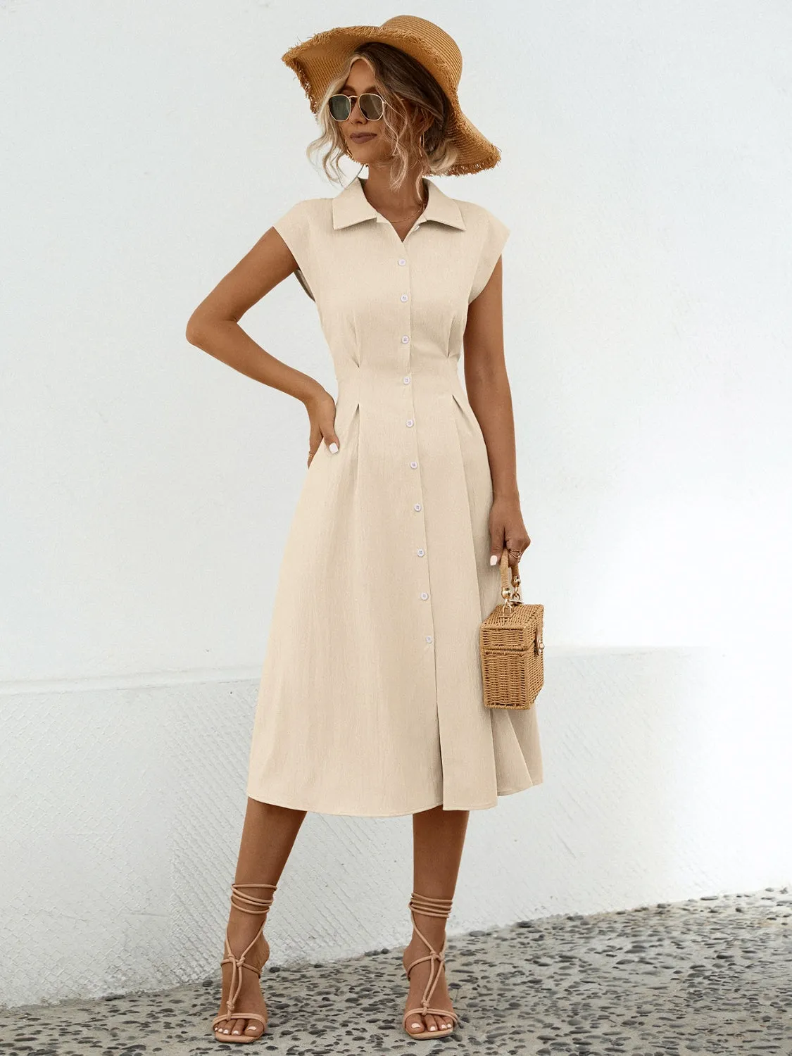 Shannon Button Up Cap Sleeve Midi Dress