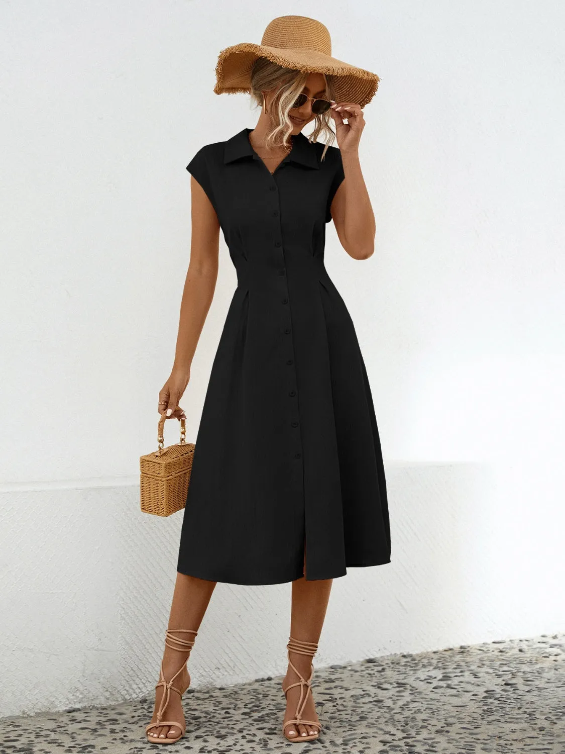 Shannon Button Up Cap Sleeve Midi Dress