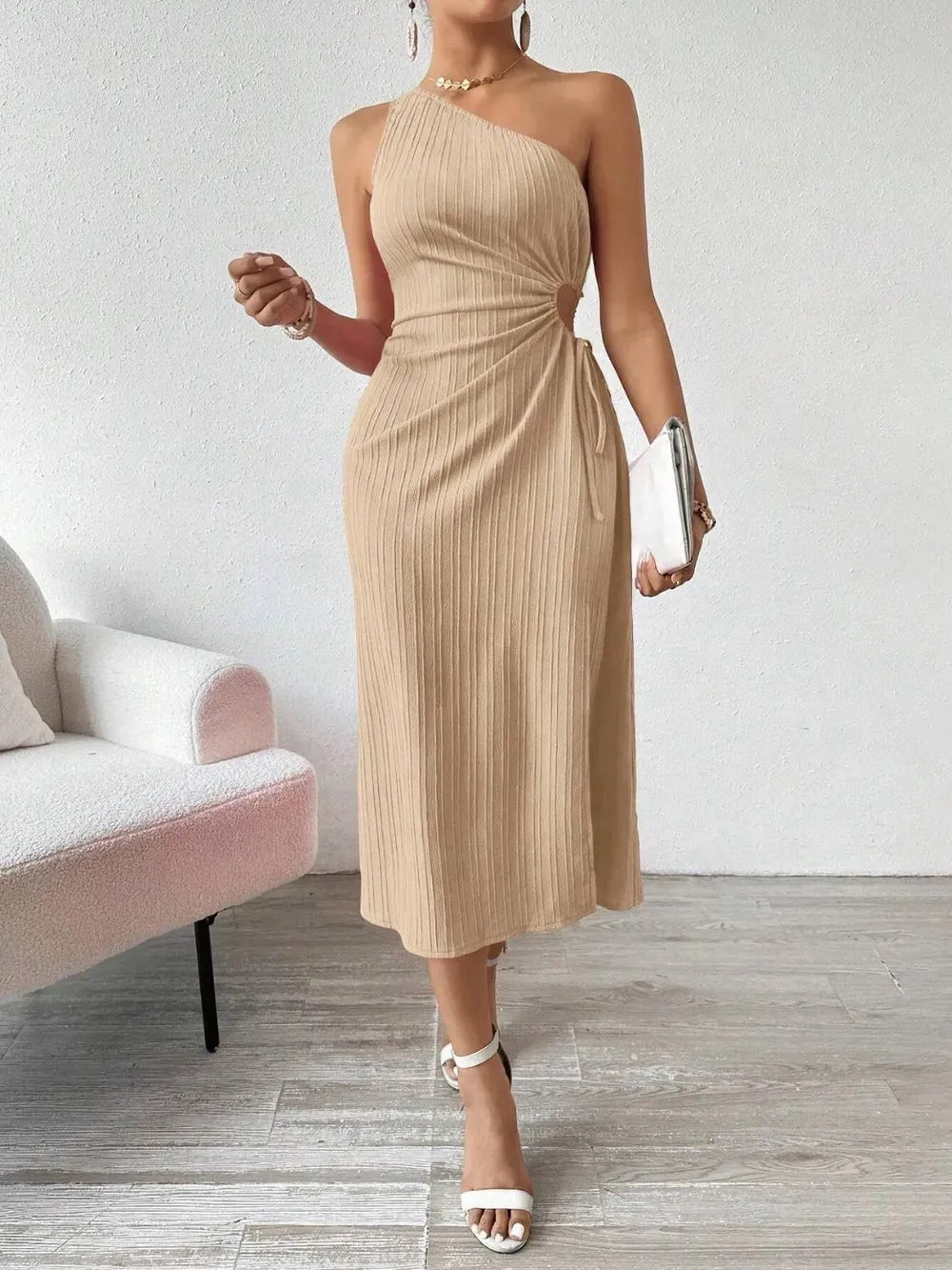 Side Slit Cutout Single Shoulder Dress