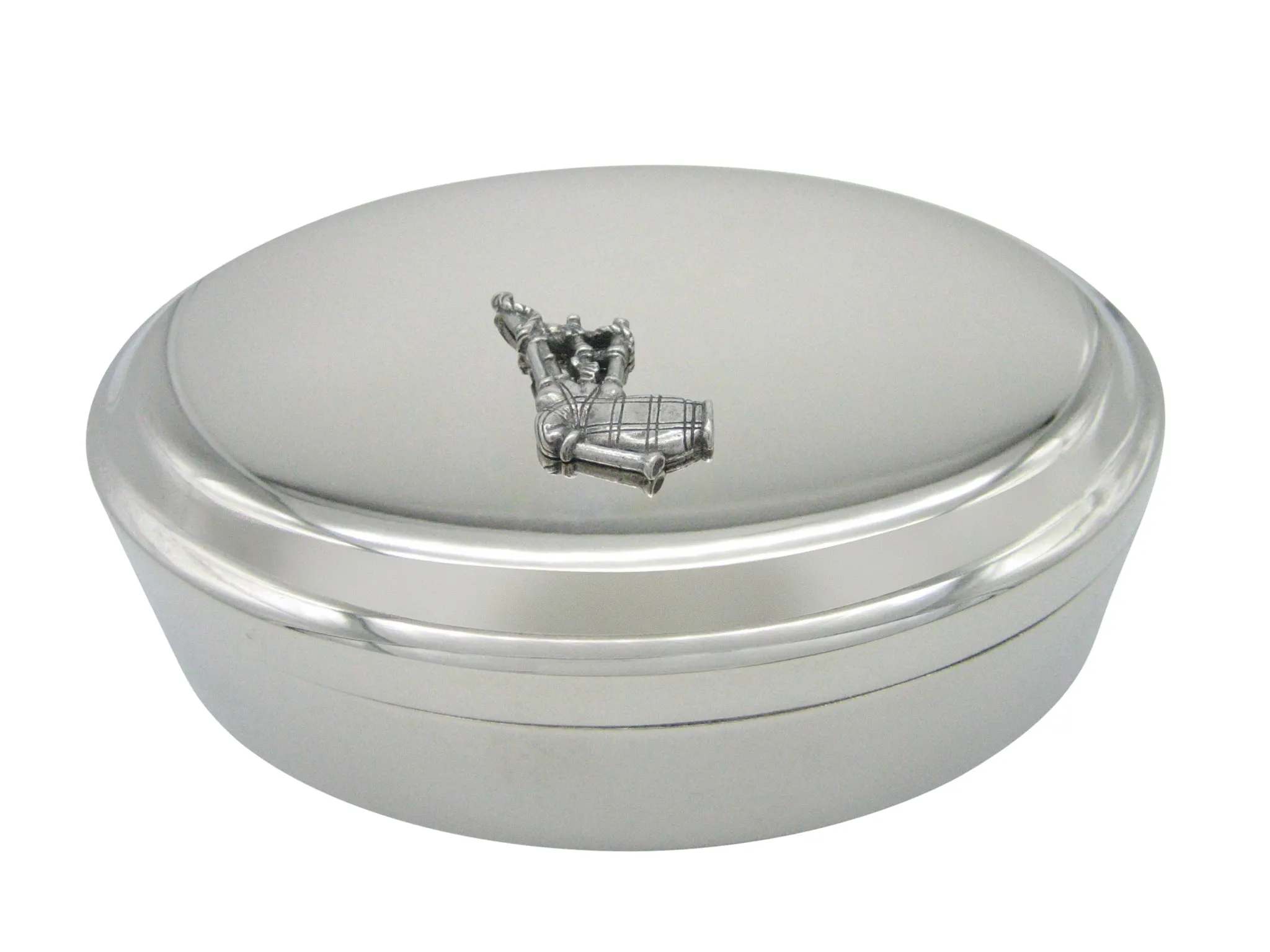 Silver Toned Textured Scottish Bag Pipes Music Instrument Pendant Oval Trinket Jewelry Box
