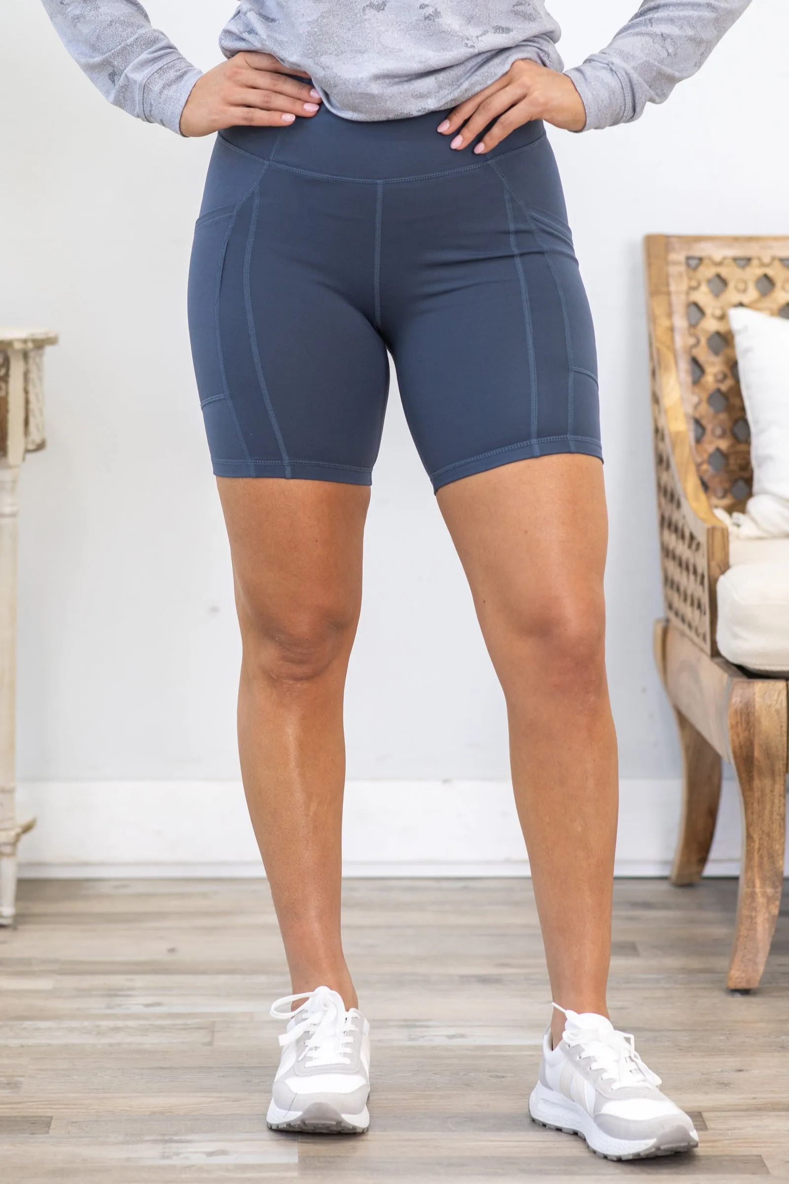 Slate Blue Back Pocket High Waist Biker Shorts
