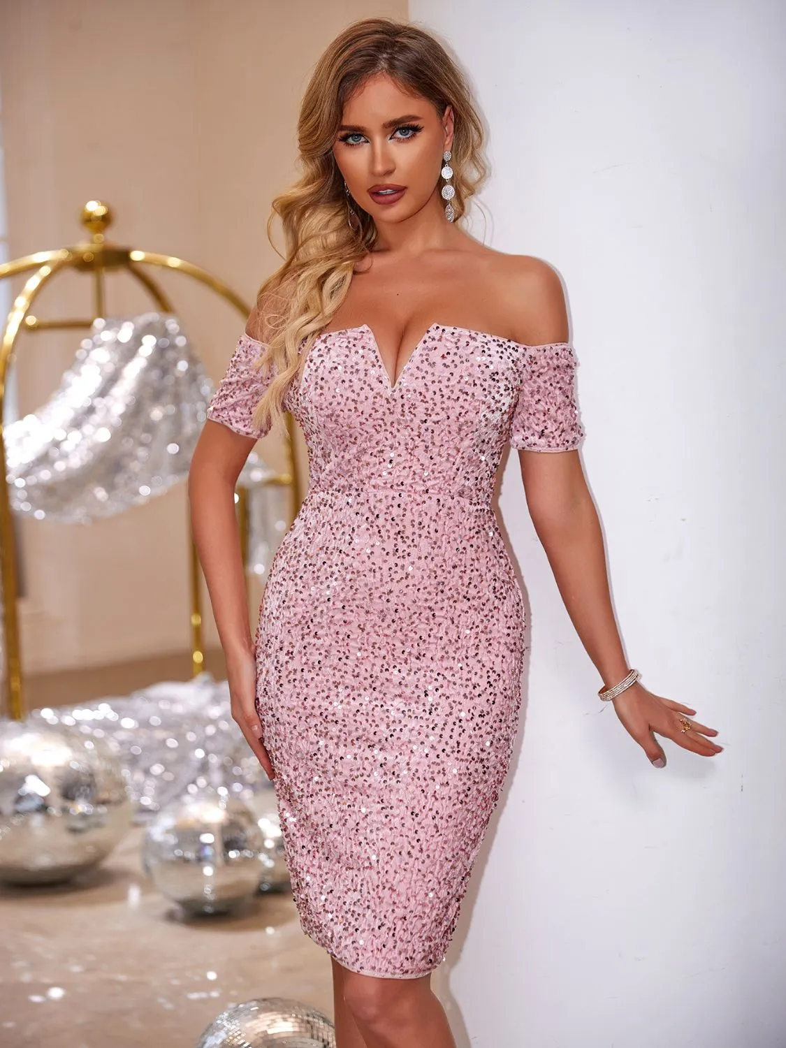 Slit Sequin Off-Shoulder Mini Dress