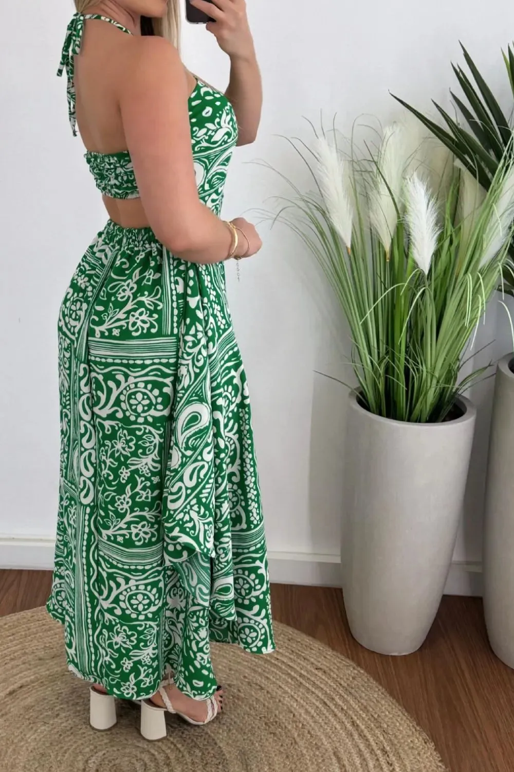 Smocked Printed Halter Neck Dress