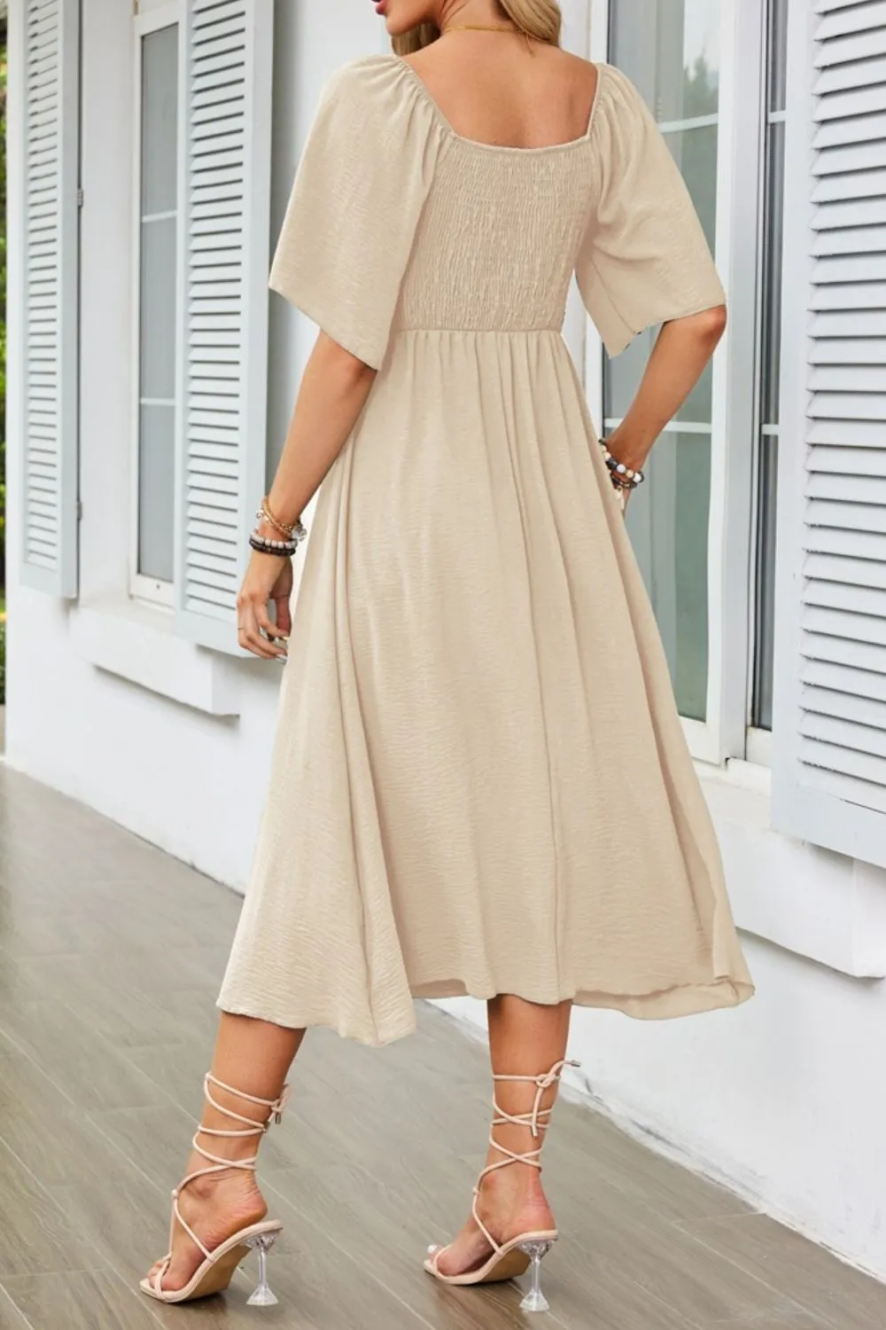 Smocked Tie Front Flutter Sleeve Midi Dress