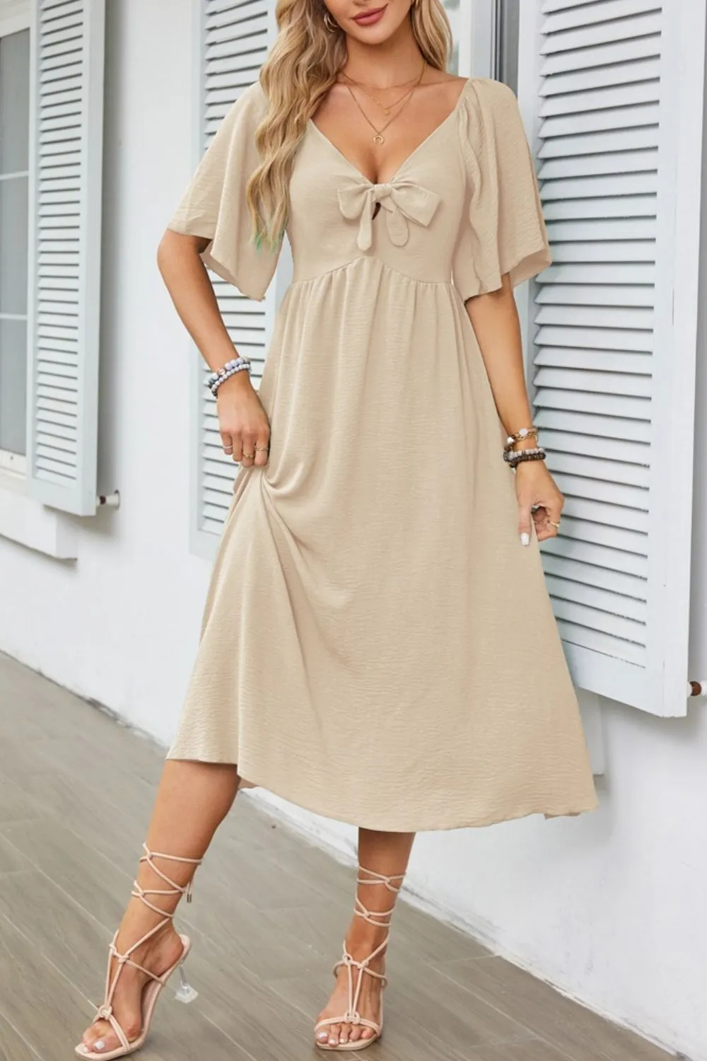 Smocked Tie Front Flutter Sleeve Midi Dress