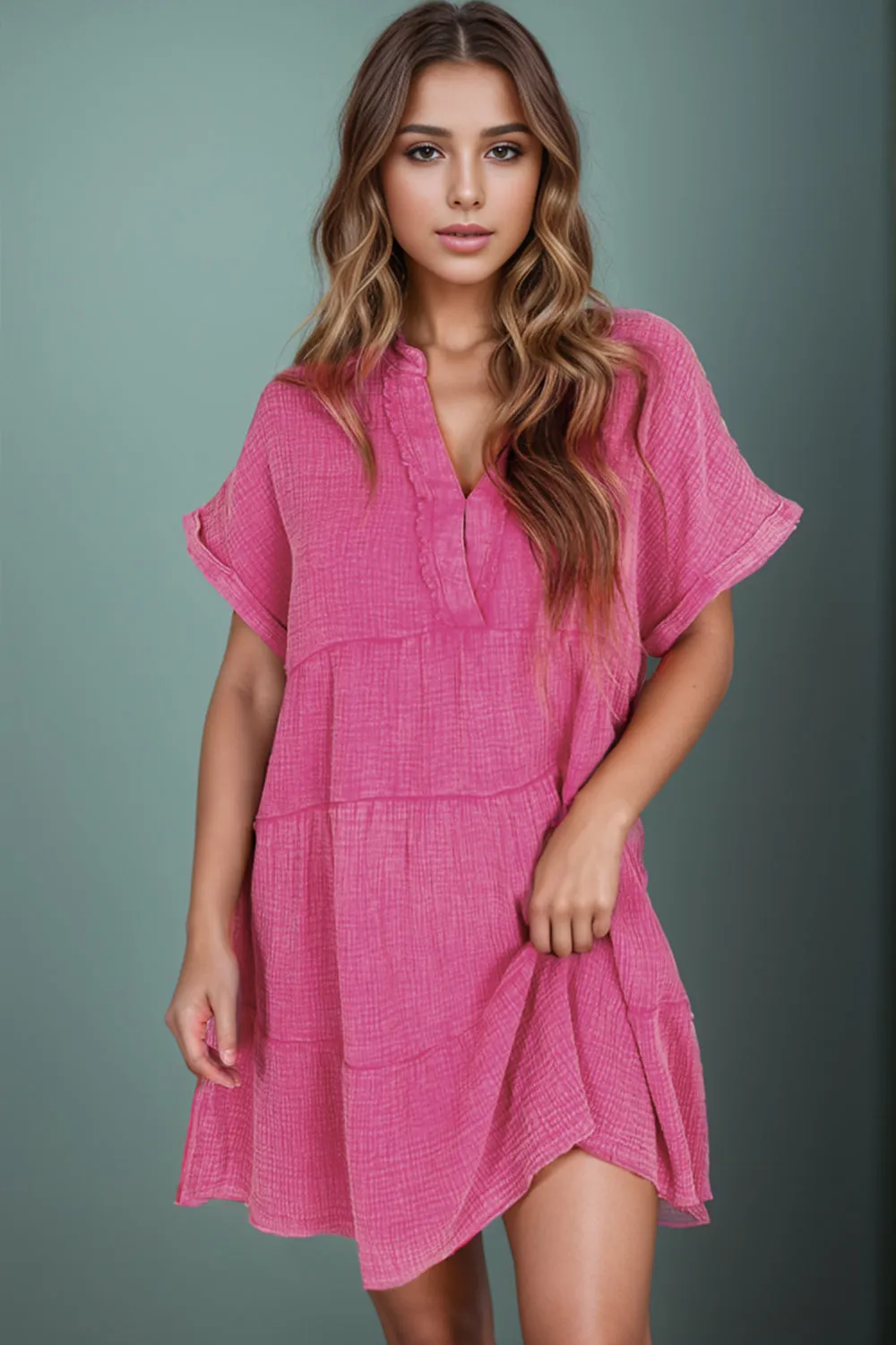 Soleil Tiered Notched Short Sleeve Dres