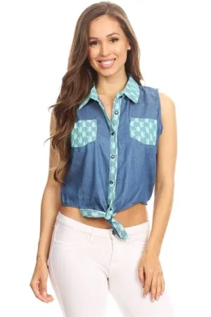 Solid Denim Sleeveless Button Down Crop Top Blue Mint - Pack of 6