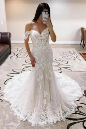 Spaghetti Straps Mermaid Lace Applique Tulle Wedding Dress Bridal Gown OK1203