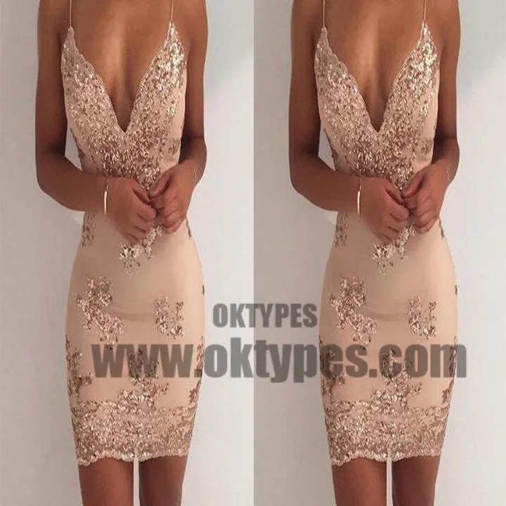 Spaghetti Straps V Neck Mermaid Tight Homecoming Dresses 2018, TYP0614