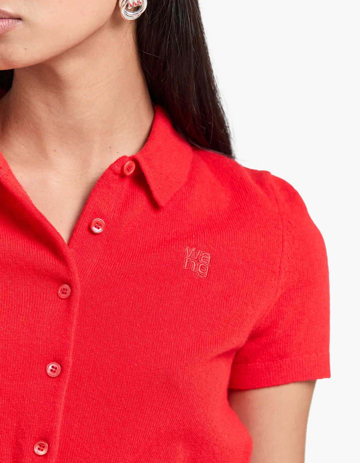 Ss Polo Cardigan W/ Embroided Logo - Fiery Red
