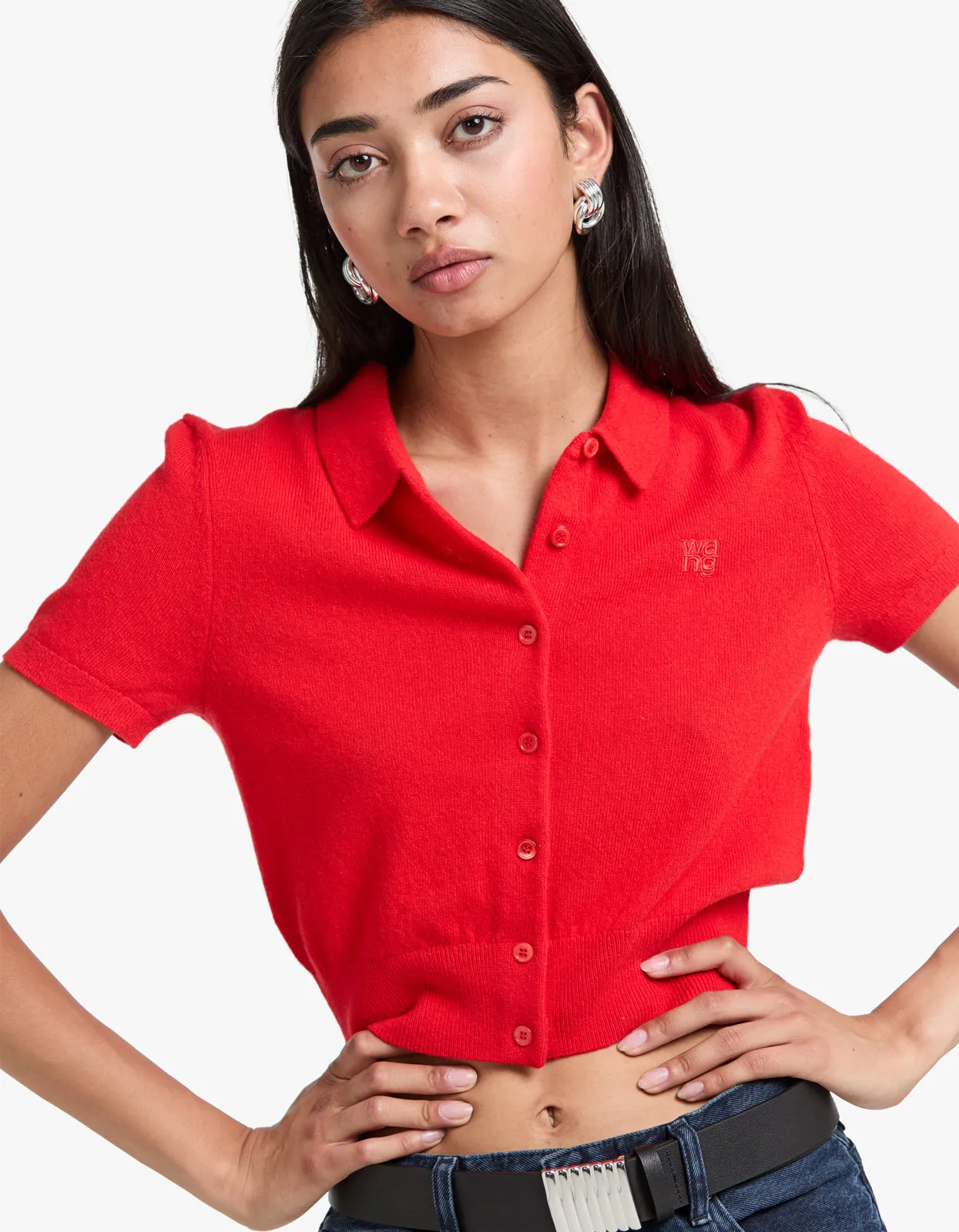 Ss Polo Cardigan W/ Embroided Logo - Fiery Red