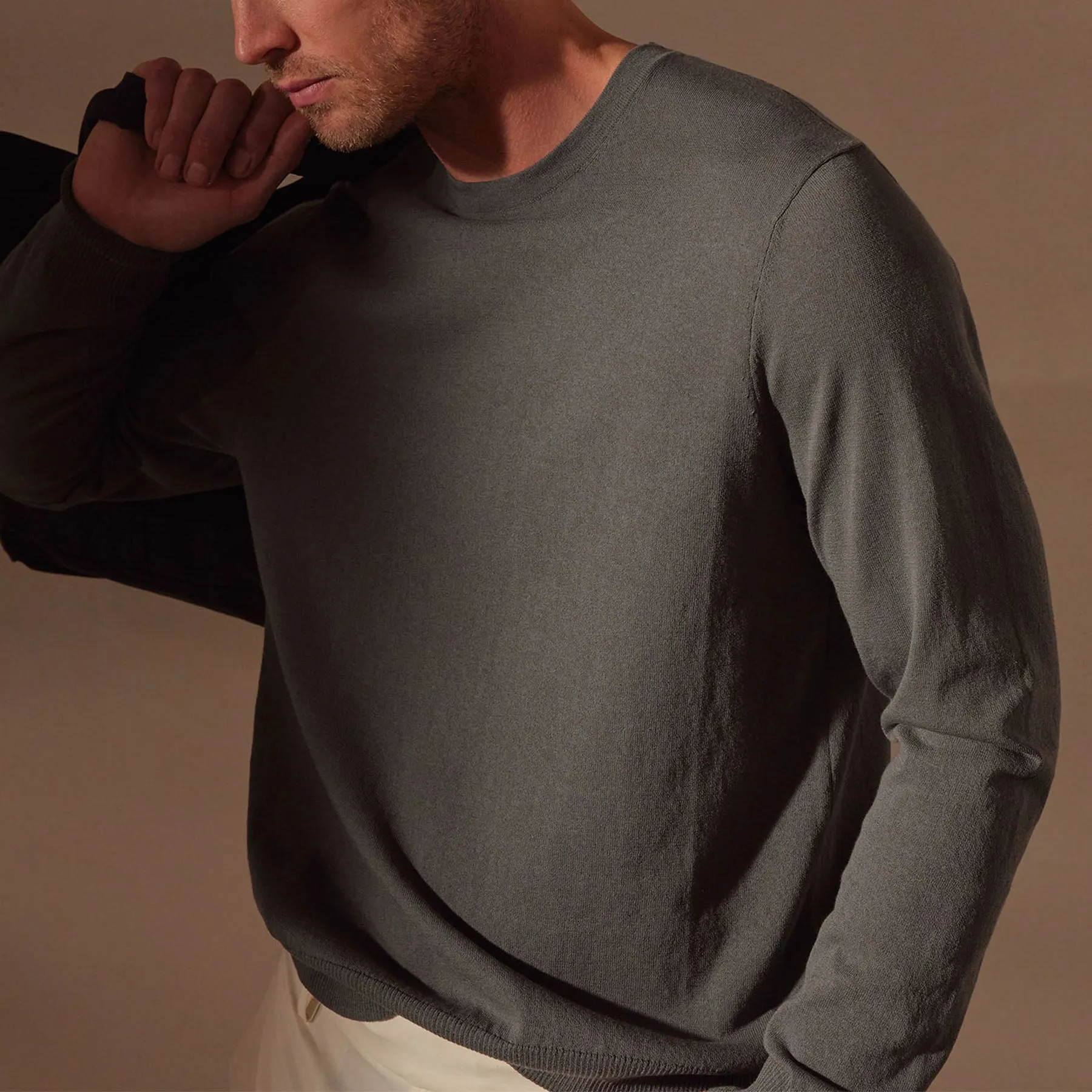 Stretch Cotton Crew Sweater - Flint