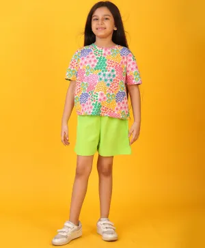 SUMMER FLOWERS FUN LIME GREEN TEXTURE GIRLS SHORTS SET - WHITE/LIME