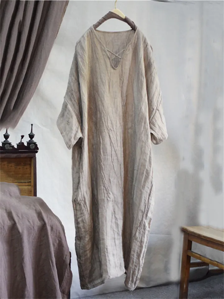 Summer Linen Tie-Dye V Neck Cross Strap Long Dress for Women