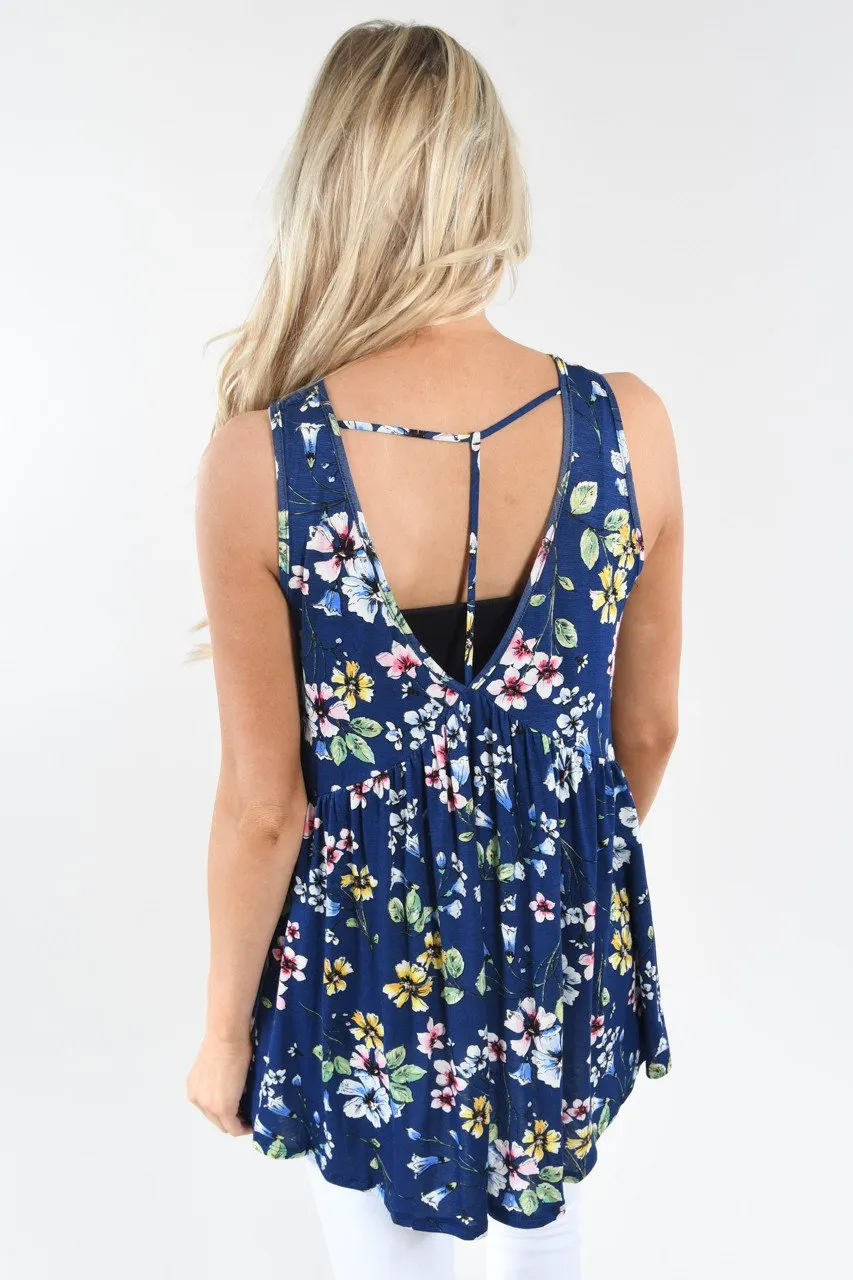 Summer Vibes Floral Tank Top ~ Navy