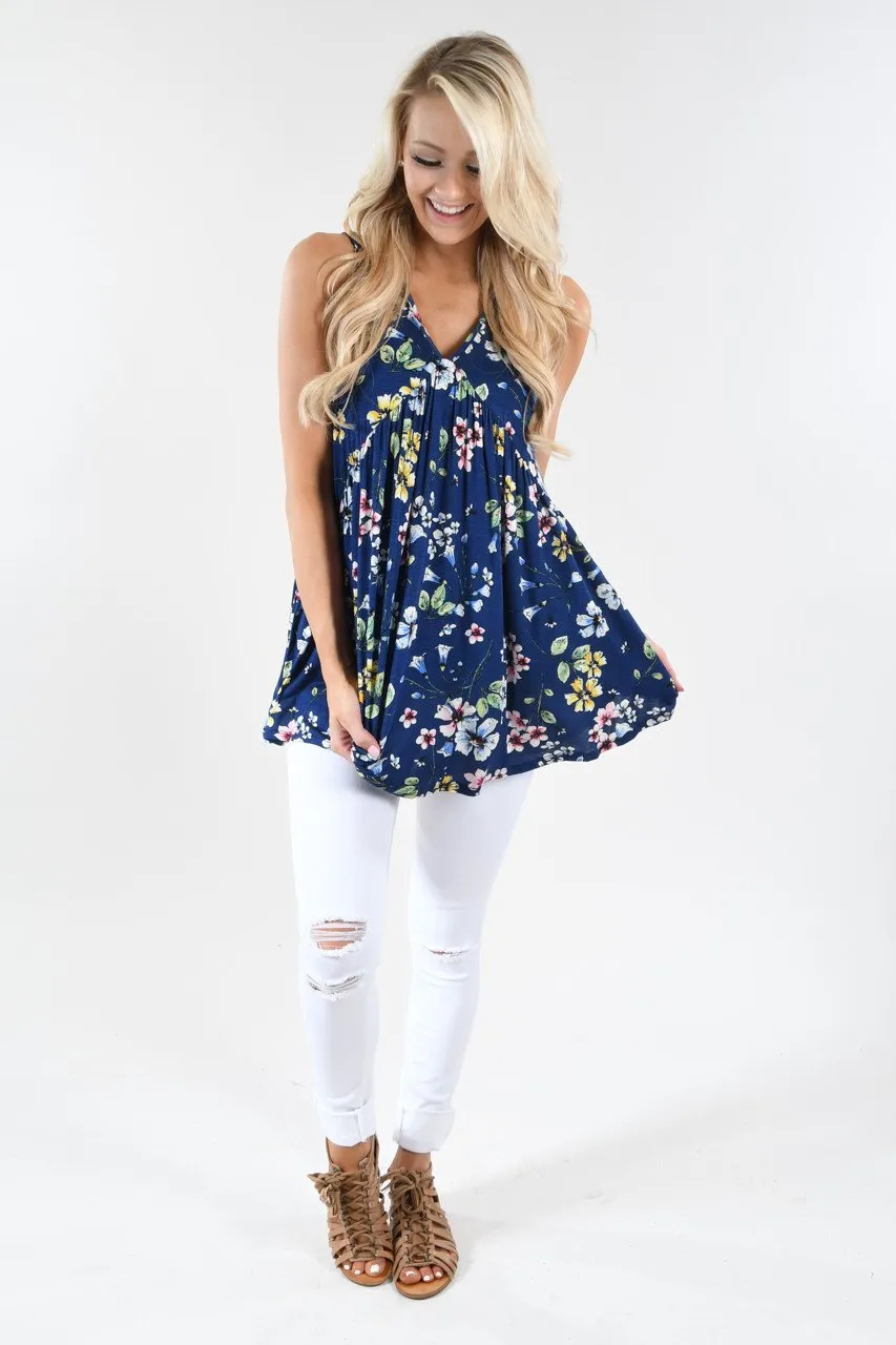 Summer Vibes Floral Tank Top ~ Navy