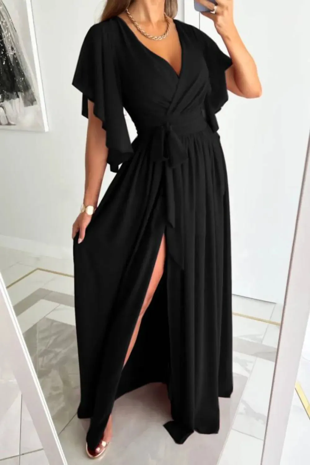 Surplice Flutter Sleeve Maxi Dress
