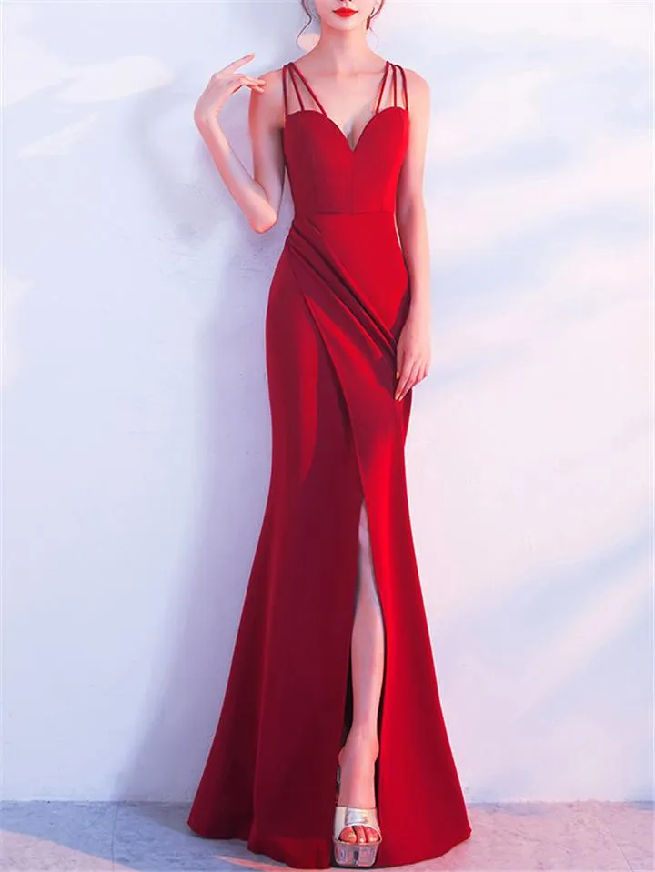 Sweetheart Neckline Fitted Waist High Slit Sexy Formal Dress