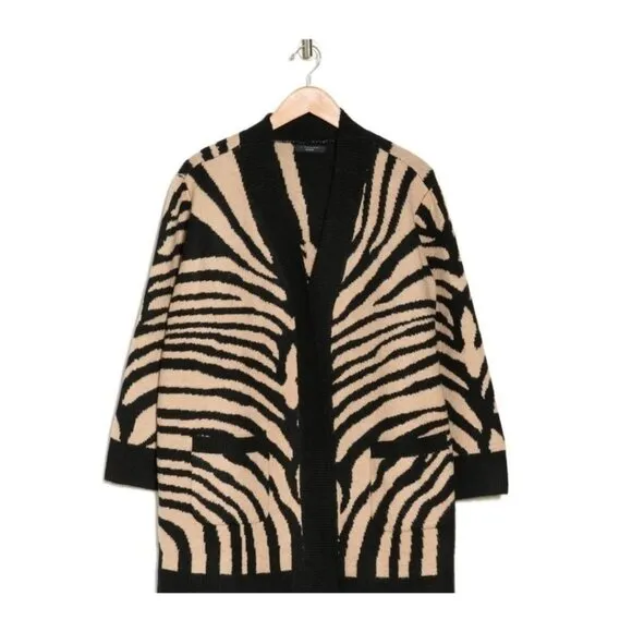 Tahari Womens Black Cream Zebra Cocoon Long Cardigan Sweater Plus Sz 1X NWT