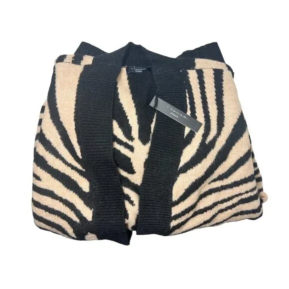 Tahari Womens Black Cream Zebra Cocoon Long Cardigan Sweater Plus Sz 1X NWT
