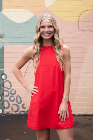 Taya Scallop Trim Dress, Red