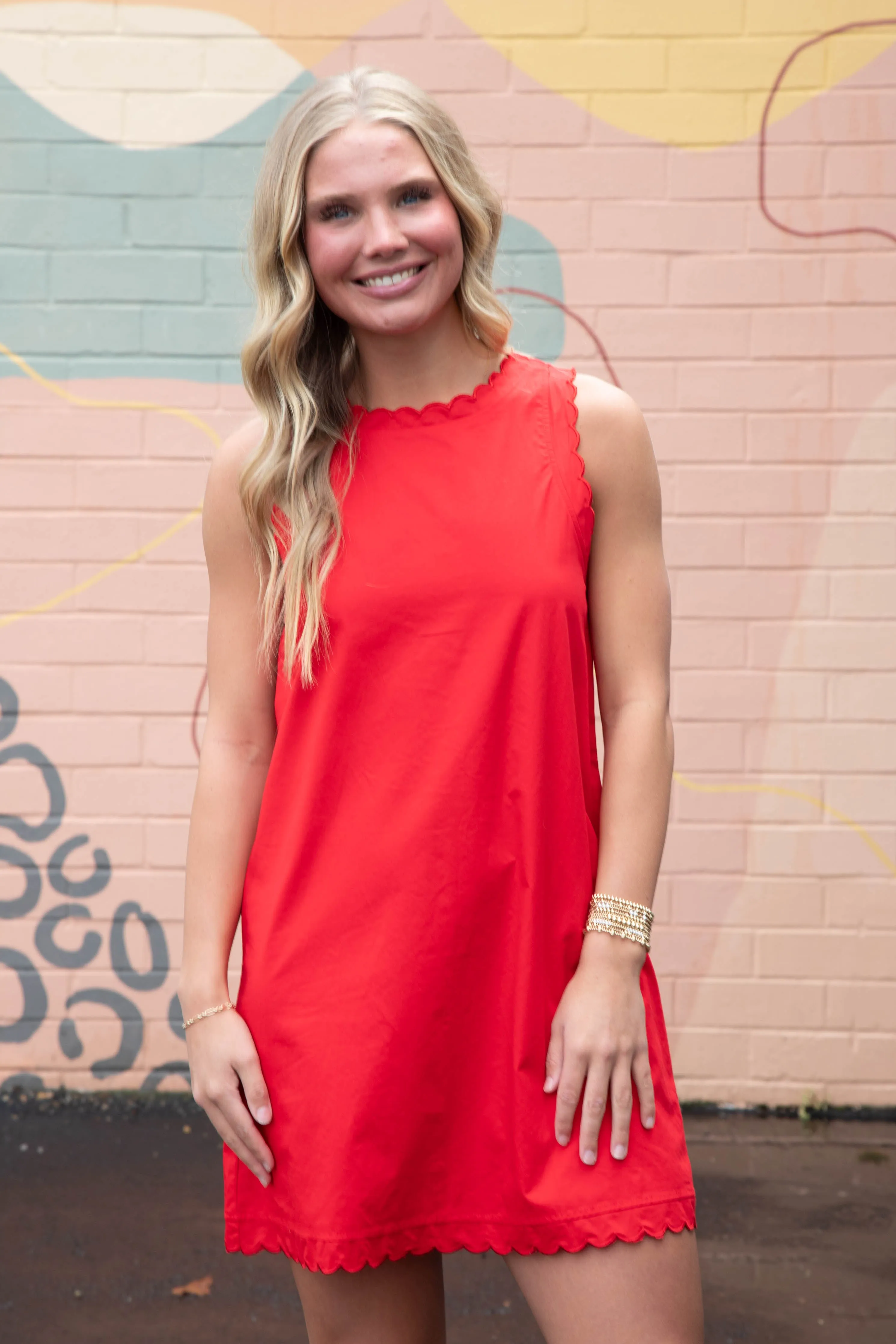 Taya Scallop Trim Dress, Red