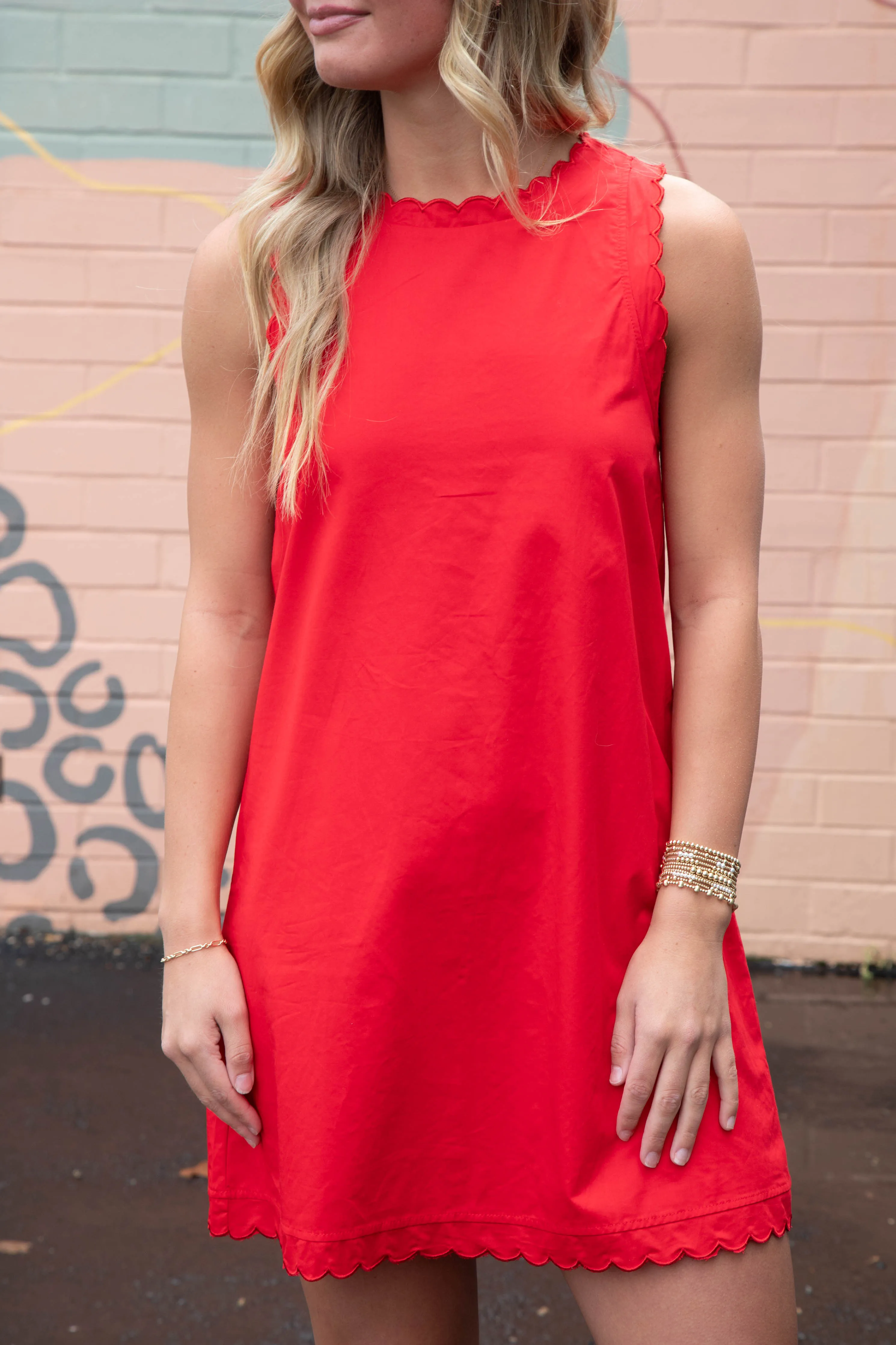 Taya Scallop Trim Dress, Red