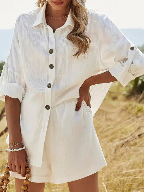 Textured Button Up Shirt and Shorts Lounge Set (6 Colors)