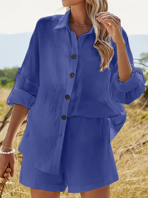 Textured Button Up Shirt and Shorts Lounge Set (6 Colors)