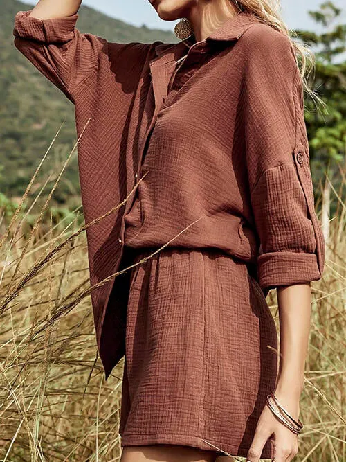 Textured Button Up Shirt and Shorts Lounge Set (6 Colors)