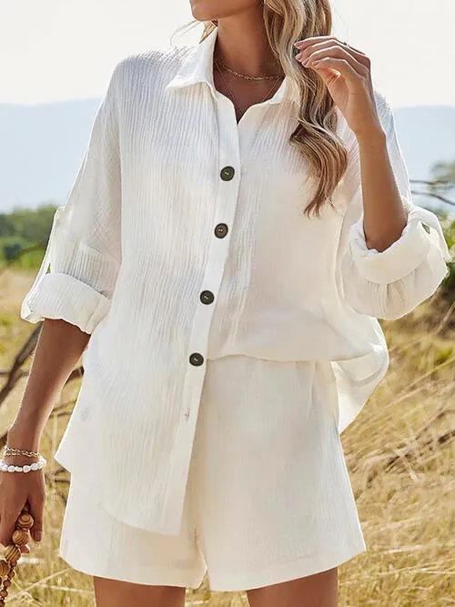 Textured Button Up Shirt and Shorts Lounge Set (6 Colors)