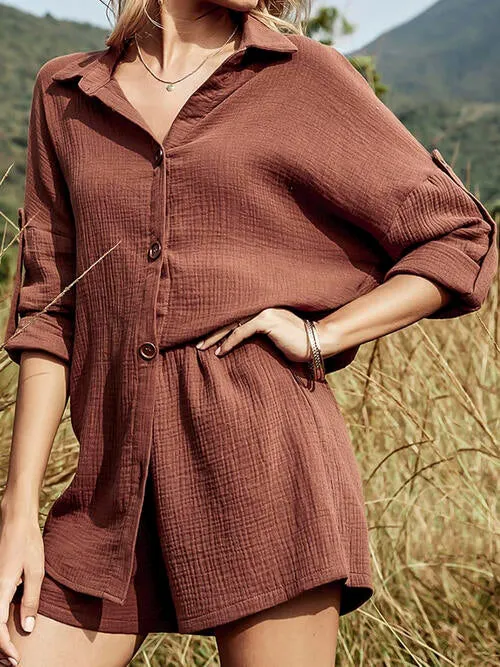 Textured Button Up Shirt and Shorts Lounge Set (6 Colors)
