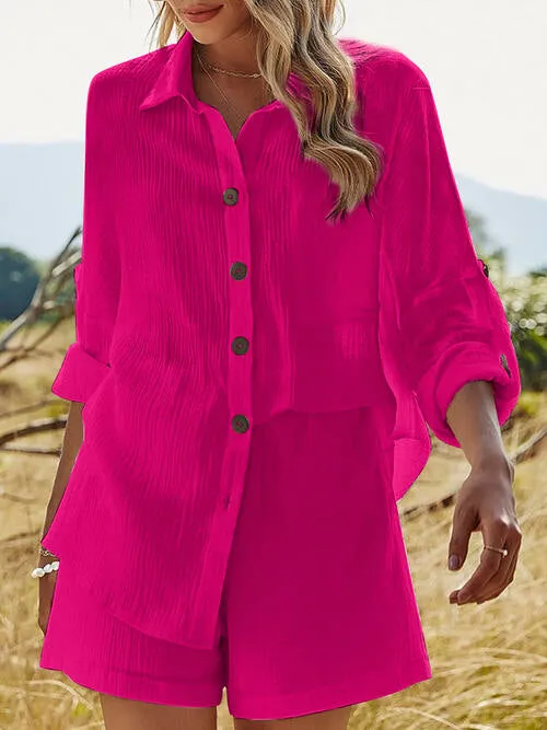 Textured Button Up Shirt and Shorts Lounge Set (6 Colors)