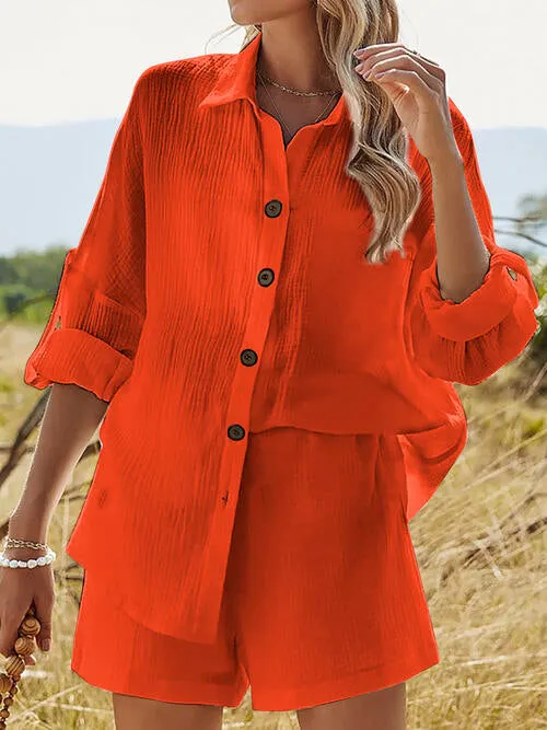 Textured Button Up Shirt and Shorts Lounge Set (6 Colors)
