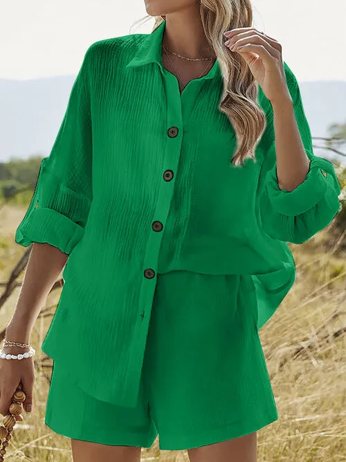 Textured Button Up Shirt and Shorts Lounge Set (6 Colors)