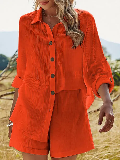 Textured Button Up Shirt and Shorts Lounge Set (6 Colors)
